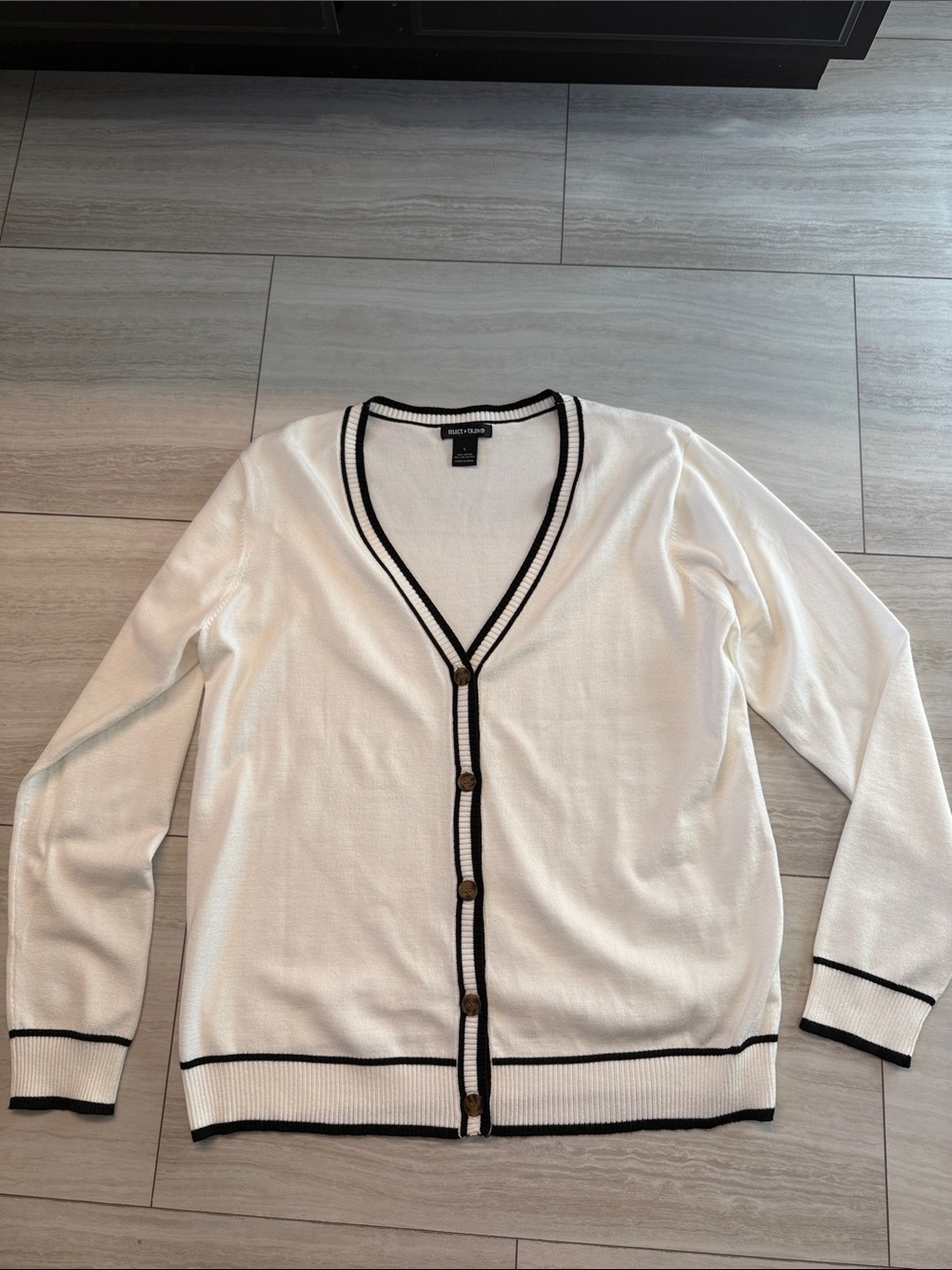 White V-Neck Cardigan with Black Trim